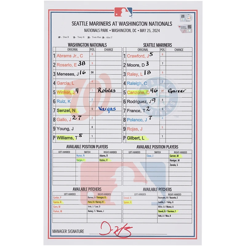  Washington Nationals Game-Used Lineup Card vs. Seattle Mariners on May 25, 2024