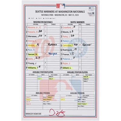 Washington Nationals Game-Used Lineup Card vs. Seattle Mariners on May 25, 2024