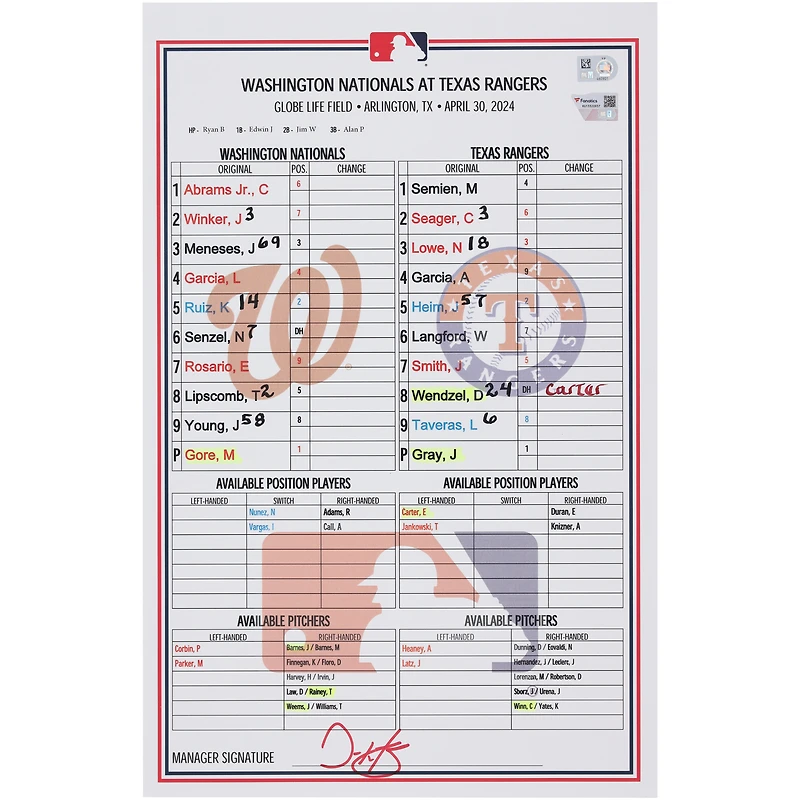  Washington Nationals Game-Used Lineup Card vs. Texas Rangers on April 30, 2024