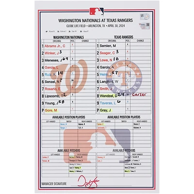 Washington Nationals Game-Used Lineup Card vs. Texas Rangers on April 30, 2024