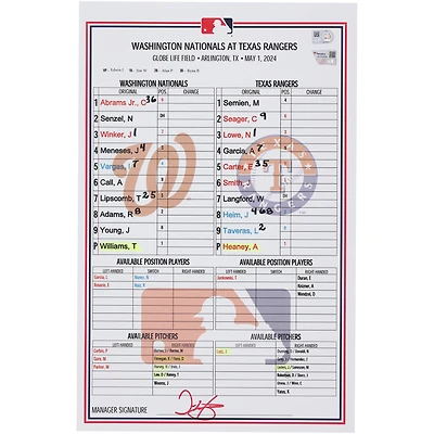  Washington Nationals Game-Used Lineup Card vs. Texas Rangers on May 1, 2024
