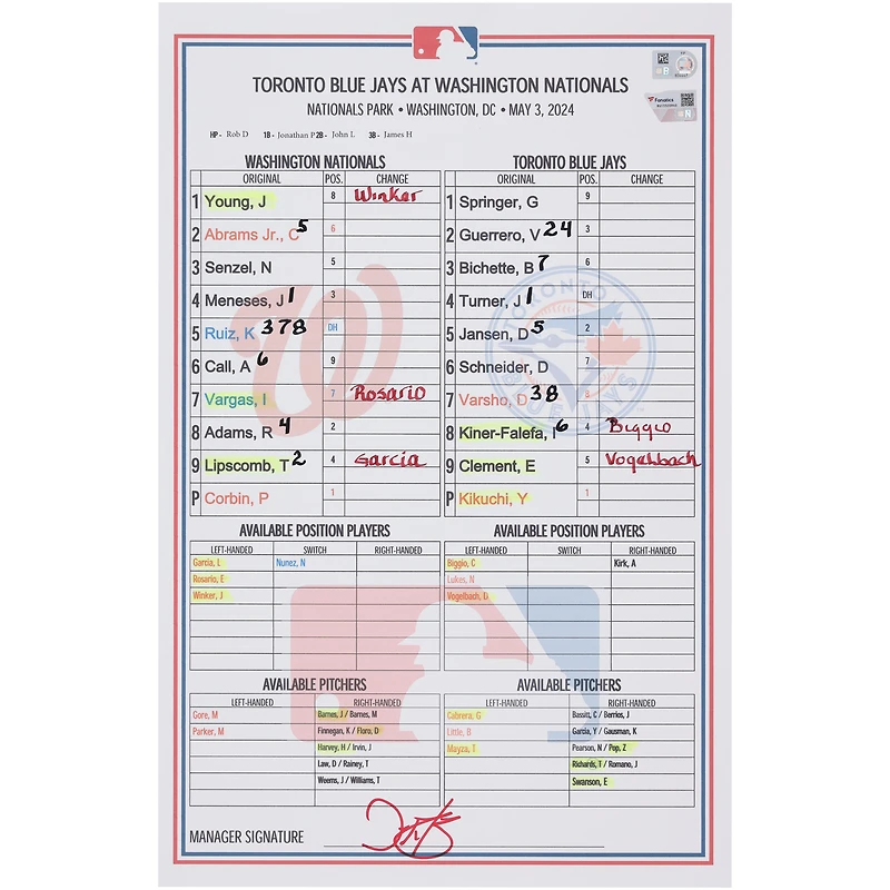  Washington Nationals Game-Used Lineup Card vs. Toronto Blue Jays on May 3, 2024