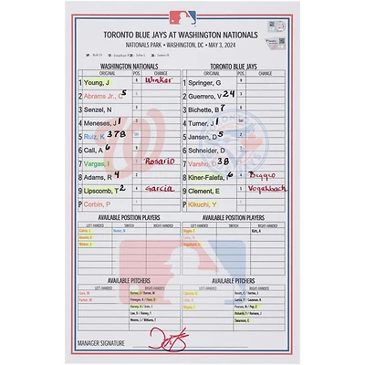  Washington Nationals Game-Used Lineup Card vs. Toronto Blue Jays on May 3, 2024