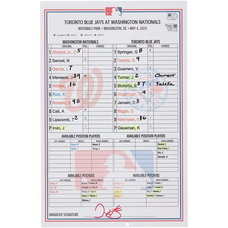  Washington Nationals Game-Used Lineup Card vs. Toronto Blue Jays on May 4, 2024