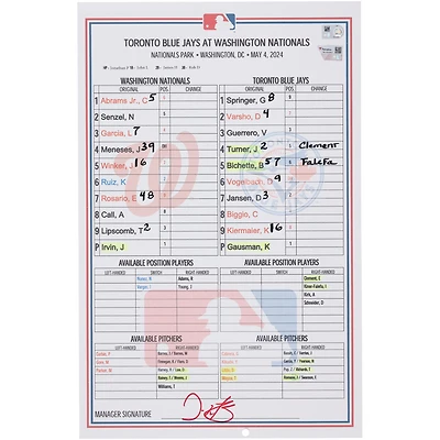  Washington Nationals Game-Used Lineup Card vs. Toronto Blue Jays on May 4, 2024