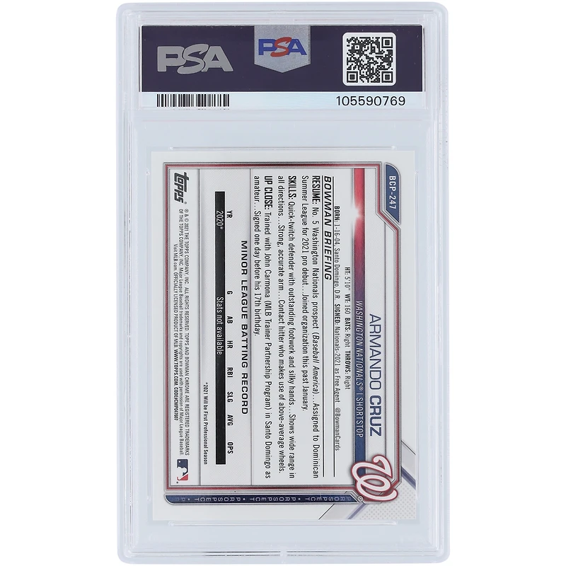 Armando Cruz Washington Nationals 2021 Bowman Chrome 1er Bowman Red Refractor #BCP-247 #3/5 PSA Authentifié 9 Carte