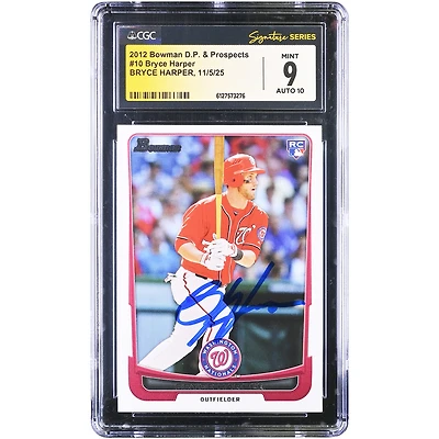 Bryce Harper Washington Nationals Autographed 2012 Bowman Draft Picks & Prospects #10 CGC Fanatics Witnessed Authenticated 9/10 Rookie Card