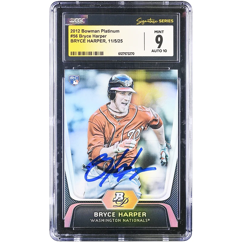 Carte de recrue autographiée de Bryce Harper (Washington Nationals), Bowman Platinum 2012, n° 56, authentifiée CGC (9/10).