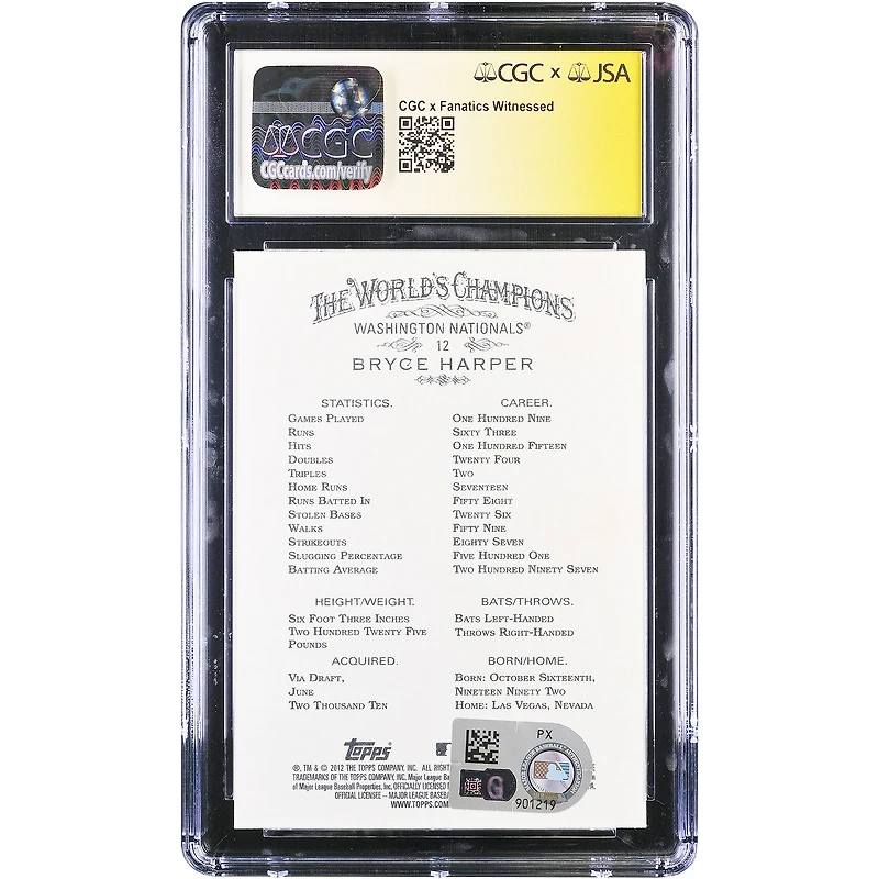 Carte de recrue autographiée de Bryce Harper (Washington Nationals), Topps Allen & Ginter 2012, n° 12