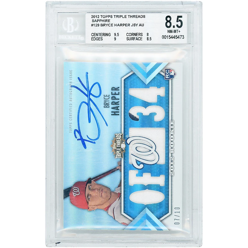 Bryce Harper Washington Nationals Autographed 2012 Topps Triple Threads Multi Relics Sapphire #129 #7/10 BGS Authenticated 8.5 Rookie Card - 9.5,8,9,8.5 Subgrades