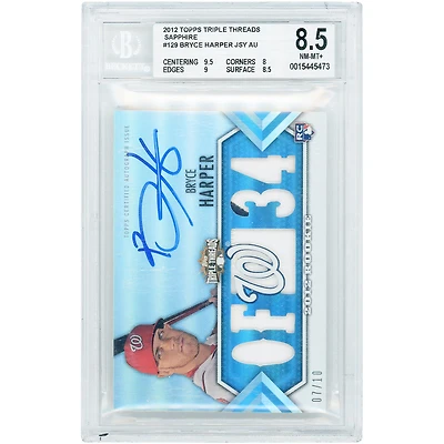 Carte recrue autographiée de Bryce Harper (Washington Nationals), collection Topps Triple Threads Multi Relics Sapphire 2012, n° 129, authentifiée BGS 8.5 (note de 8,5/7/10) - Sous-notes : 9.5, 8, 9, 8.5