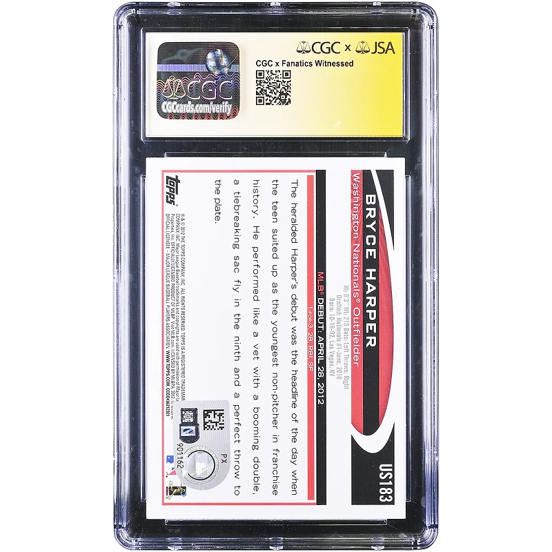 Bryce Harper Washington Nationals Autographed 2012 Topps Update #US183 CGC Authenticated 9/10 Rookie Card