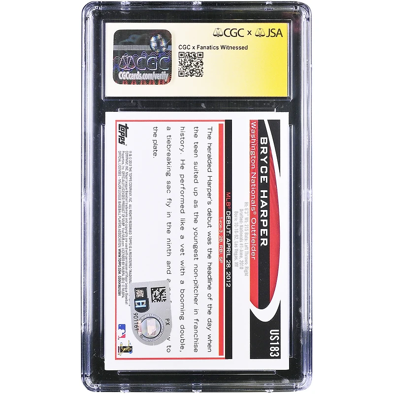 Bryce Harper Washington Nationals Autographed 2012 Topps Update #US183 CGC Fanatics Witnessed Authenticated Auto 10 Rookie Card