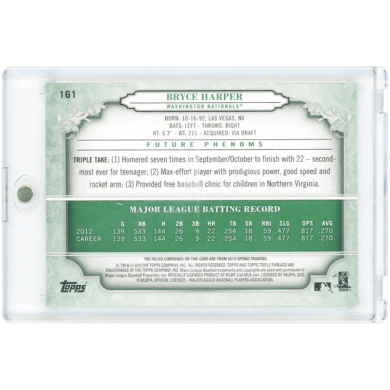 Bryce Harper Washington Nationals Autographed 2013 Topps Triple Threads Multi Game-Used Relics #161 #36/50 Card