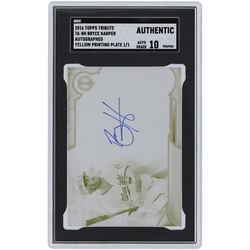 Carte autographiée Topps Tribute 2016 des Nationals de Washington par Bryce Harper, plaque d'impression jaune n° TA-BH n° 1/1 SGC, carte authentifiée Auto 10