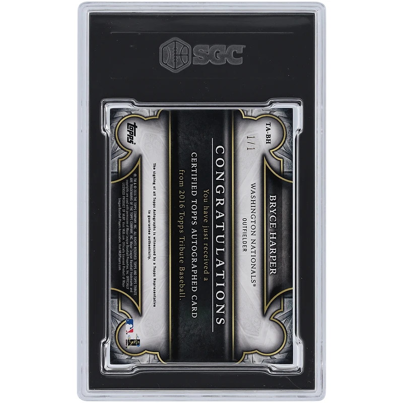 Carte autographiée Topps Tribute 2016 des Nationals de Washington par Bryce Harper, plaque d'impression jaune n° TA-BH n° 1/1 SGC, carte authentifiée Auto 10