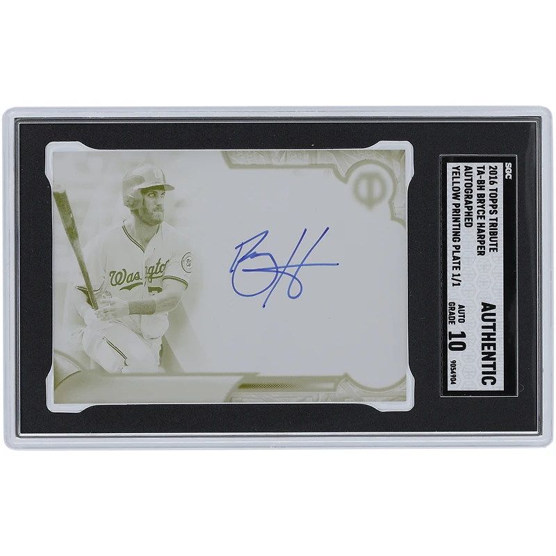 Carte autographiée Topps Tribute 2016 des Nationals de Washington par Bryce Harper, plaque d'impression jaune n° TA-BH n° 1/1 SGC, carte authentifiée Auto 10
