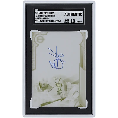 Carte autographiée Topps Tribute 2016 des Nationals de Washington par Bryce Harper, plaque d'impression jaune n° TA-BH n° 1/1 SGC, carte authentifiée Auto 10