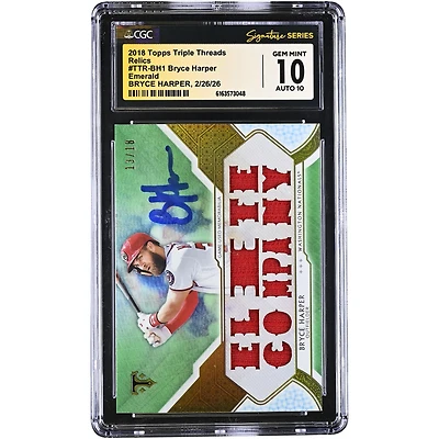 Carte autographiée de Bryce Harper (Washington Nationals) - Collection Topps Triple Threads Relics Emerald 2018 - Numérotée TTR-BH1 /18 - Authentifiée CGC 10/10