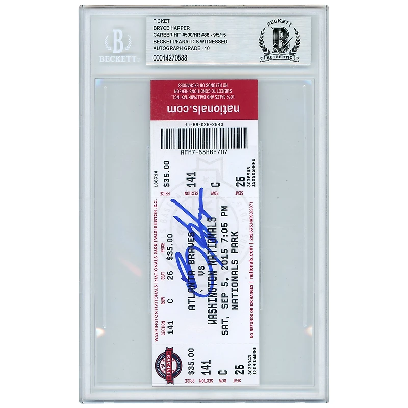 Billet autographié par Bryce Harper pour le match de son 500e coup sûr en carrière et son 88e coup de circuit en carrière des Nationals de Washington - Beckett/Fanatics noté 10