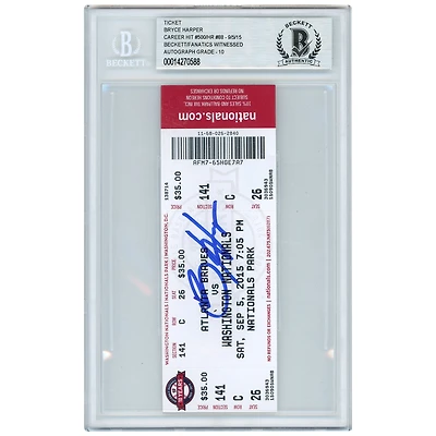 Billet autographié par Bryce Harper pour le match de son 500e coup sûr en carrière et son 88e coup de circuit en carrière des Nationals de Washington - Beckett/Fanatics noté 10