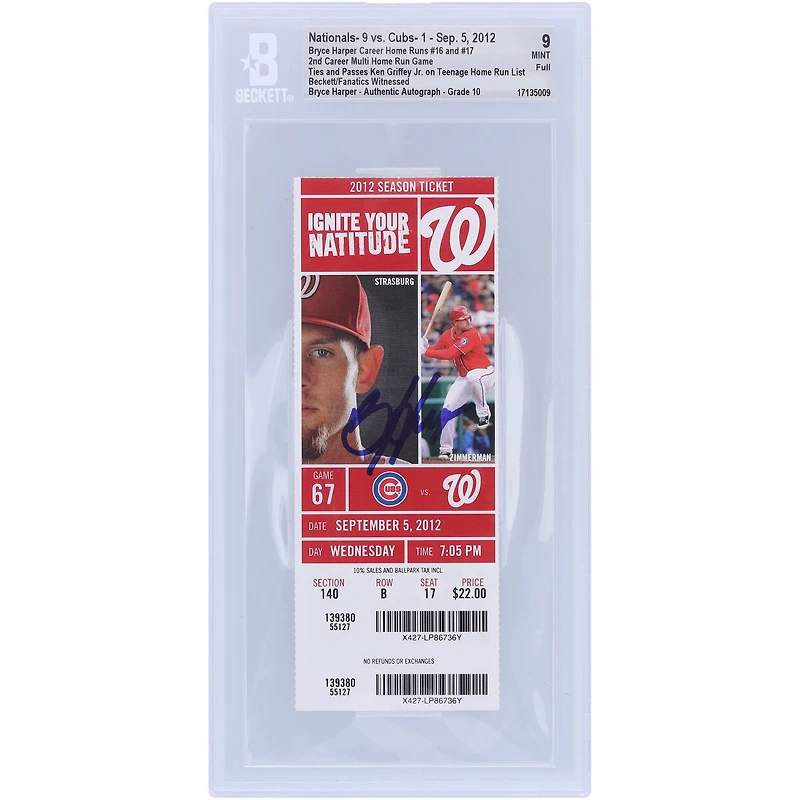 Bryce Harper Washington Nationals Autographed Beckett Fanatics Witnessed Authenticated 9/10 Ticket from September 5, 2012 - 2nd Career Multi-Home Run Game - 16th & 17th Career Home Runs