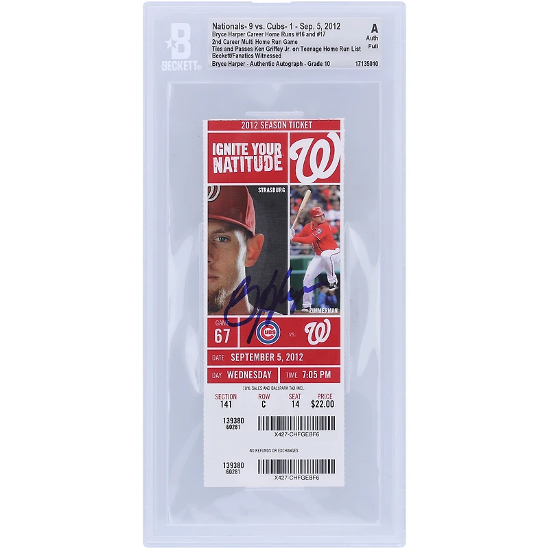 Bryce Harper Washington Nationals Autographed Beckett Fanatics Witnessed Authenticated Auto 10 Ticket from September 5, 2012 - 2nd Career Multi-Home Run Game - 16th & 17th Career Home Runs