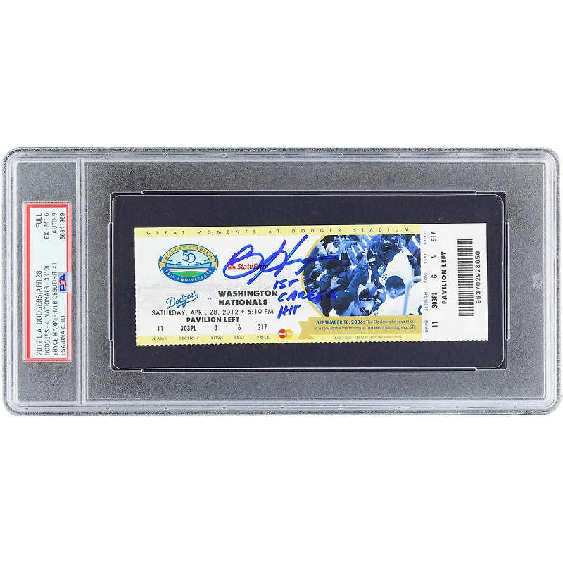 Billet autographié par Bryce Harper des Washington Nationals, datant du 28 avril 2012, pour son premier coup sûr en carrière (MLB). Authentifié par PSA (6/9). Inscription : « 1er coup sûr en carrière ».