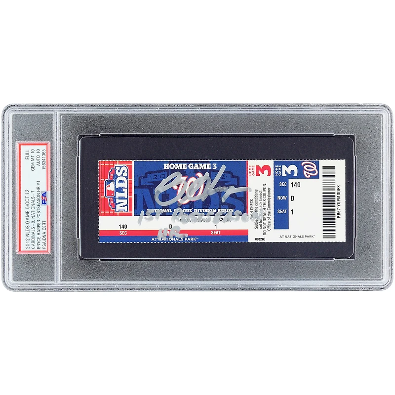 Billet autographié par Bryce Harper des Nationals de Washington, match 5 de la série de division de la Ligue nationale, authentifié par PSA (note 10/10), daté du 12 octobre 2012, avec inscription « 1er circuit en séries éliminatoires ».
