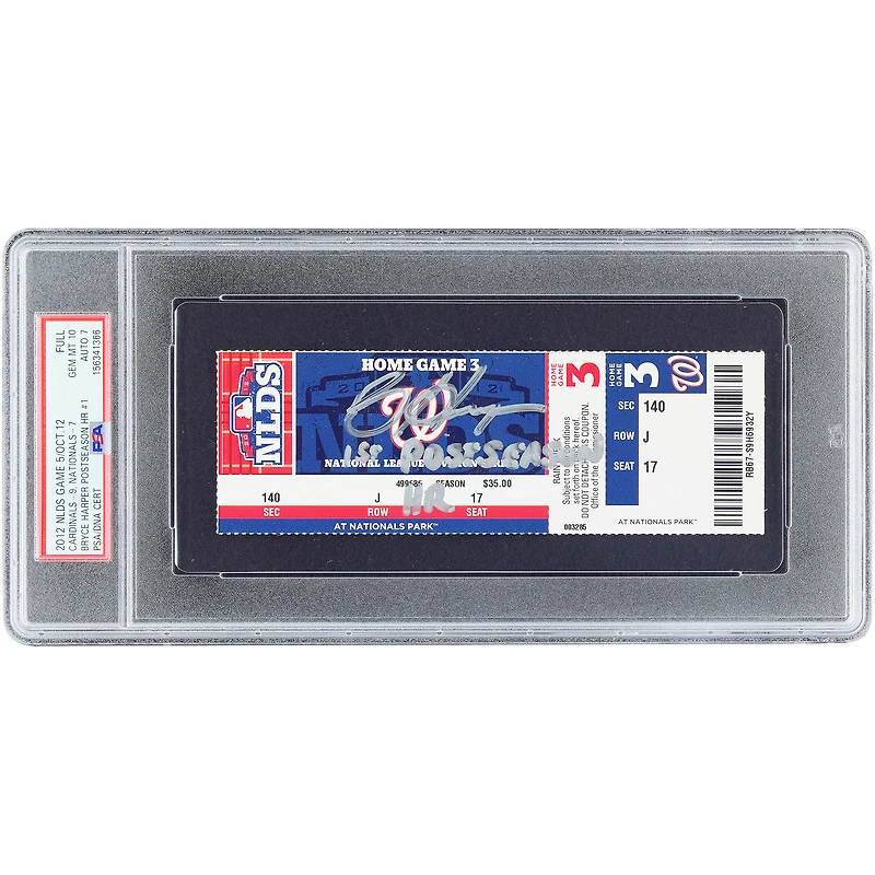 Billet autographié par Bryce Harper des Nationals de Washington, match 5 de la série de division de la Ligue nationale, authentifié par PSA le 7 octobre 2012, avec inscription « 1er circuit en séries éliminatoires ».