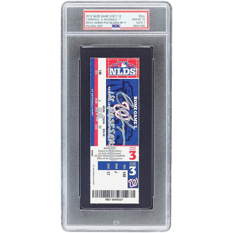 Billet autographié par Bryce Harper des Nationals de Washington, match 5 de la série de division de la Ligue nationale, authentifié par PSA le 7 octobre 2012, avec inscription « 1er circuit en séries éliminatoires ».