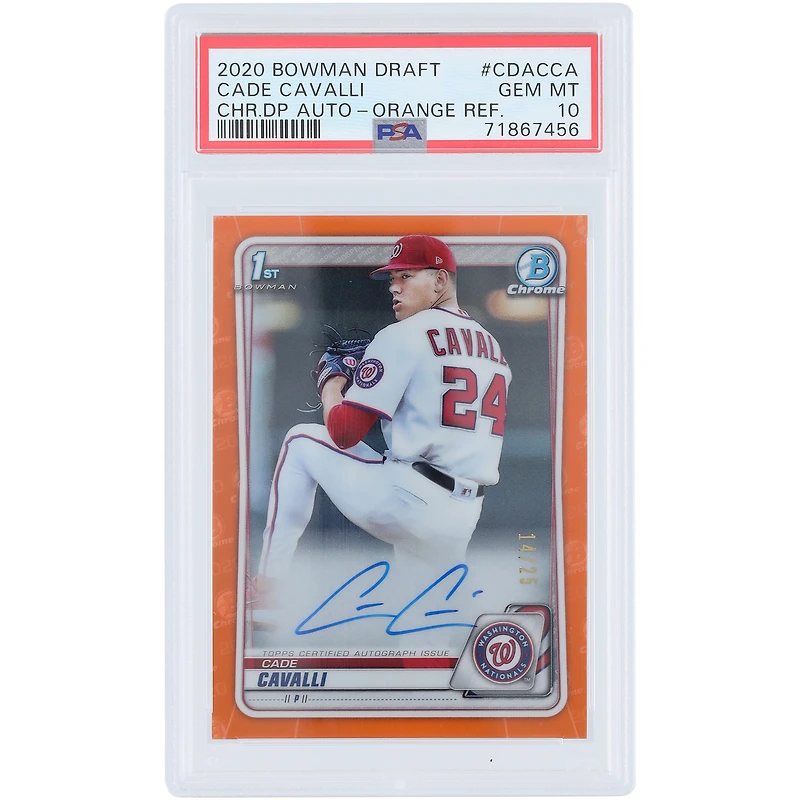 Cade Cavalli Washington Nationals Autographié 2020 Bowman Draft Chrome Prospects Orange Refractor #CDA-CCA #14/25 PSA Authentifié Gem MT 10 Carte