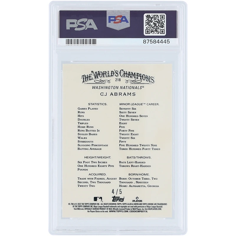 CJ Abrams Washington Nationals 2022 Topps Allen & Ginter Chrome Red Refractor #218 #4/5 PSA Authenticated 10 Rookie Card