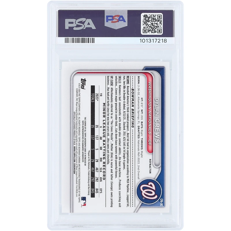Dylan Crews Washington Nationals Autographed 2024 Bowman Chrome 1st Bowman Refractor #CPA-DC #188/499 PSA Authenticated 9/10 Card