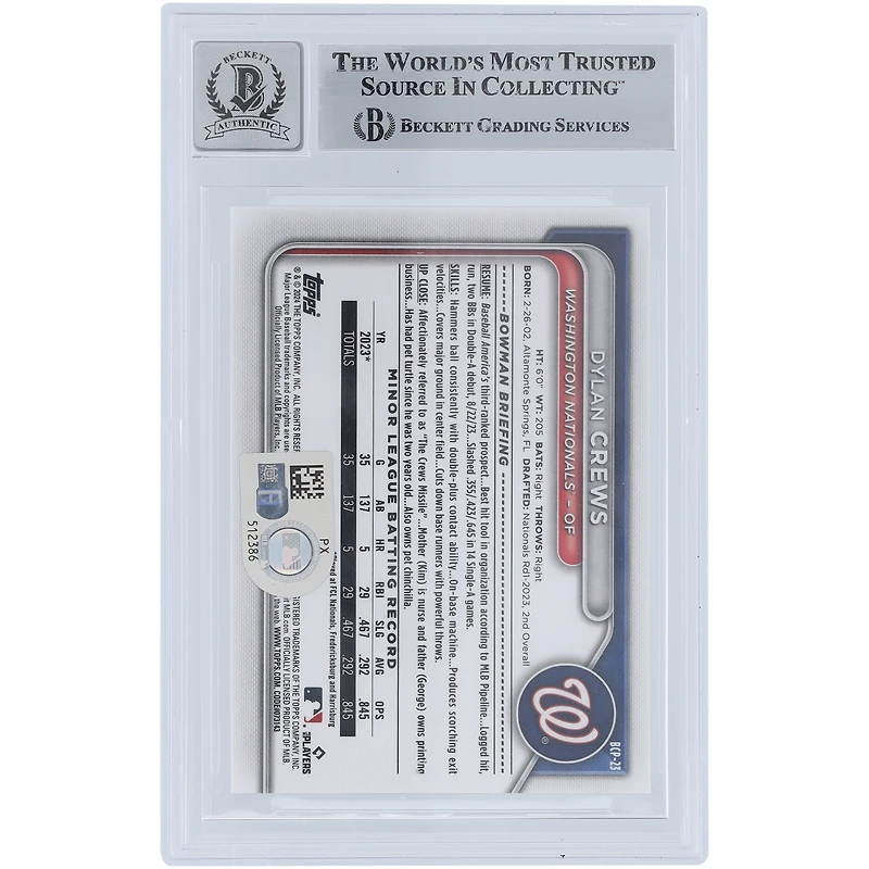 Dylan Crews Washington Nationals Autographié 2024 Bowman Chrome Prospects 1er Bowman #BCP-23 Beckett Fanatics Témoin Authentifié 10 Carte