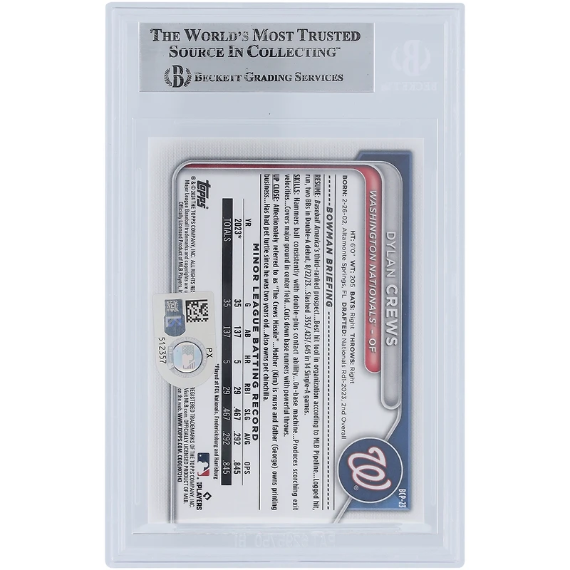 Dylan Crews Washington Nationals Autographed 2024 Bowman Chrome Prospects 1st Bowman #BCP-23 Beckett Fanatics Witnessed Authenticated Card