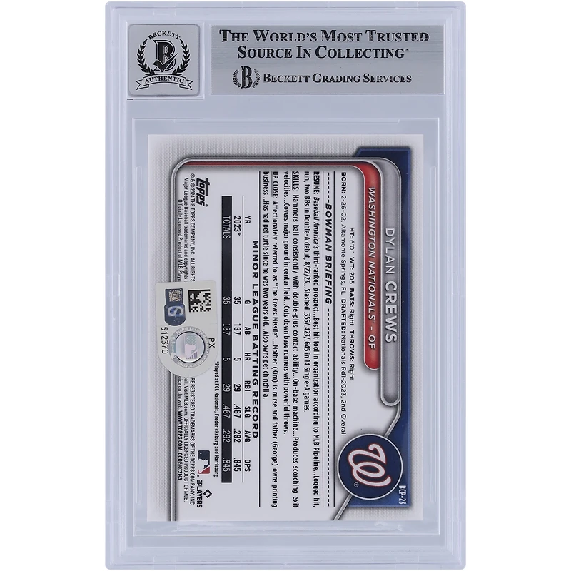 Dylan Crews Washington Nationals autographié 2024 Bowman Chrome Prospects #BCP-23 Beckett Fanatics a été témoin d'une carte authentifiée 9/10