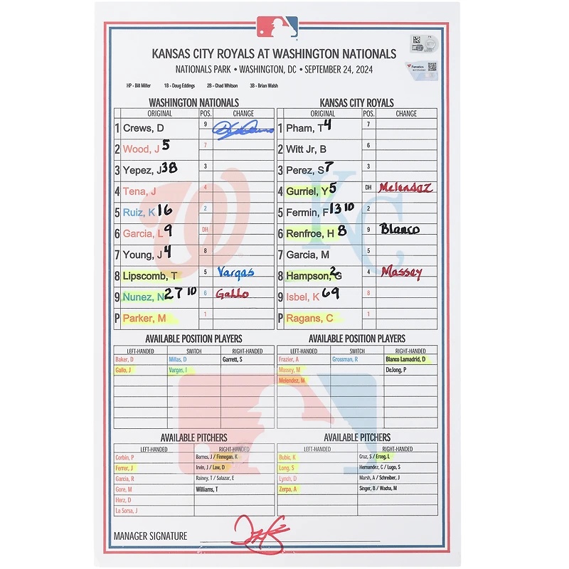Carte de composition d'équipe dédicacée par Dylan Crews, Washington Nationals, contre Kansas City Royals