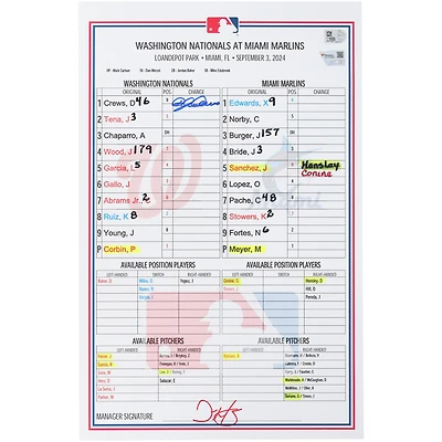 Dylan Crews Washington Nationals Autographed Game-Used Lineup Card vs. Miami Marlins on September 3, 2024