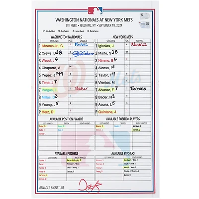 Dylan Crews Washington Nationals Autographed Game-Used Lineup Card vs. New York Mets on September 18, 2024