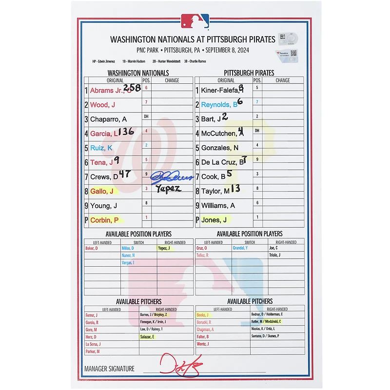 Dylan Crews Washington Nationals Autographed Game-Used Lineup Card vs. Pittsburgh Pirates on September 8, 2024