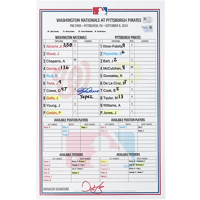 Dylan Crews Washington Nationals Autographed Game-Used Lineup Card vs. Pittsburgh Pirates on September 8, 2024