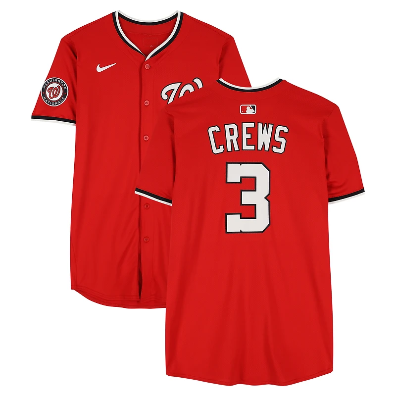Maillot rouge Nike n° 3 porté par Dylan Crews, joueur des Washington Nationals, saison 2025 de la MLB