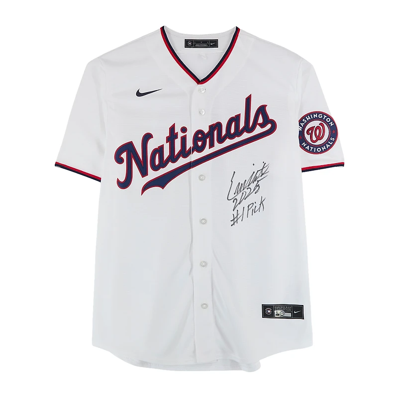 Maillot réplique blanc Nike autographié par Eli Willits des Washington Nationals avec inscription « Choix n° 1 de la saison 2025 ».