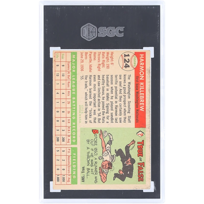 Carte de recrue Harmon Killebrew Washington Nationals 1955 Topps n° 124 authentifiée SGC 3