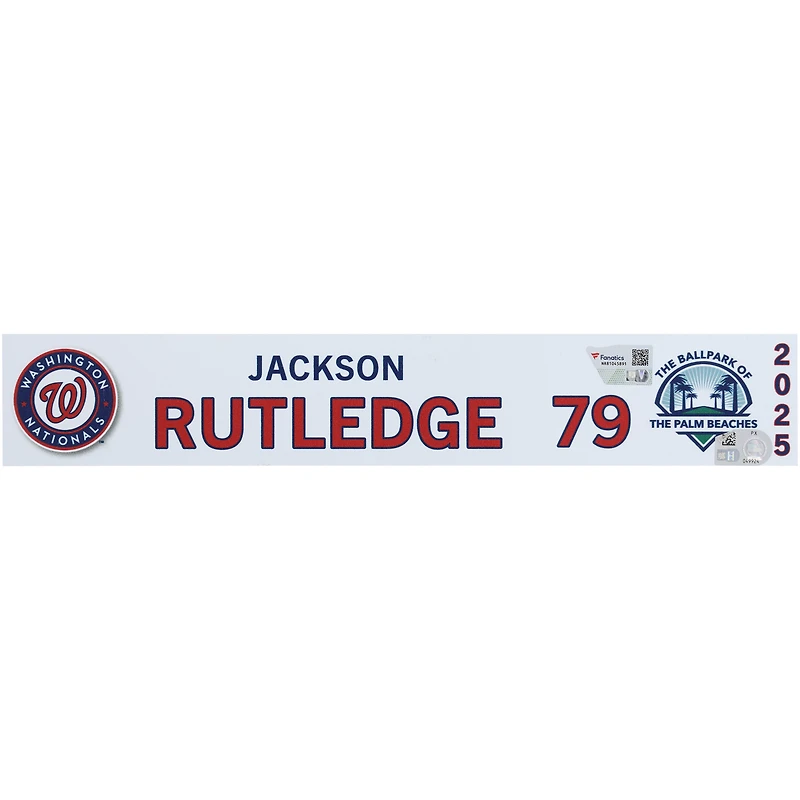 Plaque signalétique #79 de Jackson Rutledge, joueur des Nationals de Washington, lors de l'entraînement de printemps 2025 de la MLB