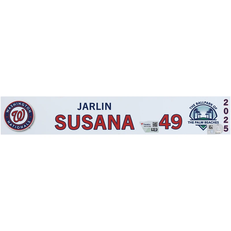 Plaque signalétique numéro 49 émise par le joueur des Nationals de Washington Jarlin Susana lors de l'entraînement de printemps 2025 de la MLB