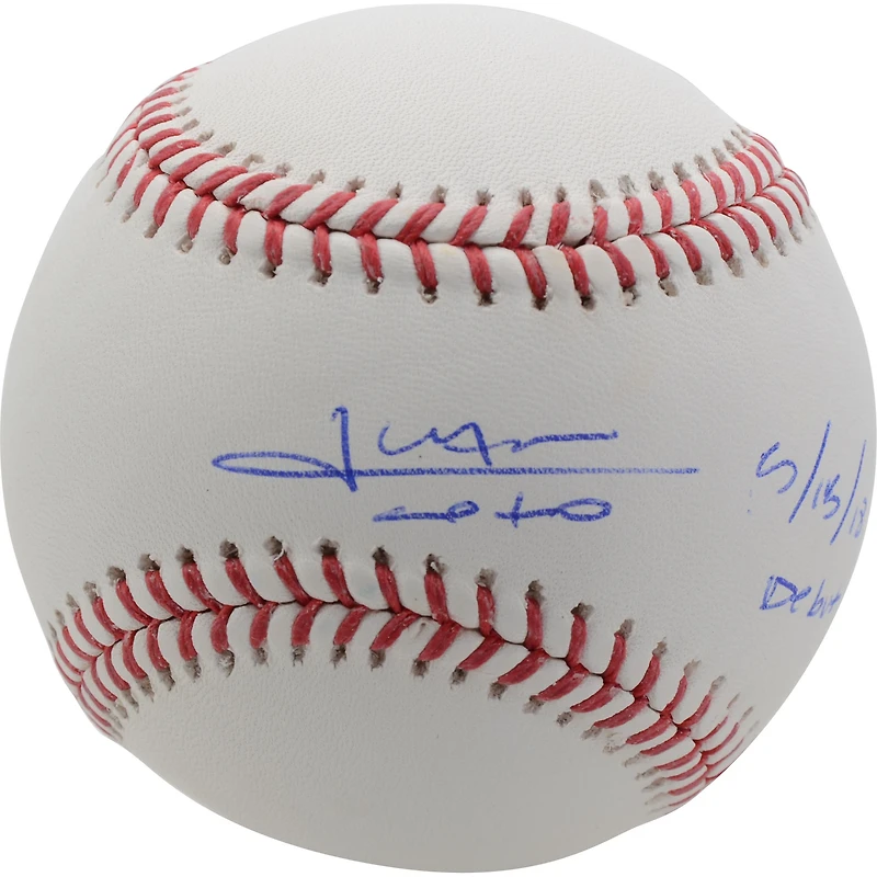 Balle de baseball autographiée par Juan Soto des Washington Nationals avec inscription « Début le 15/05/18 »