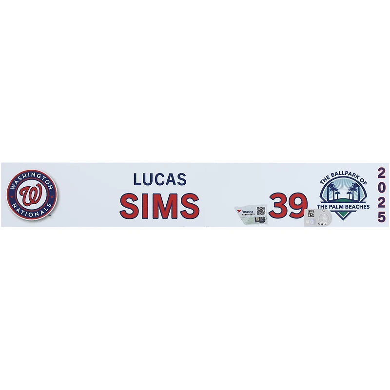 Plaque signalétique n° 39 de Lucas Sims, joueur des Nationals de Washington, lors de l'entraînement de printemps 2025 de la MLB