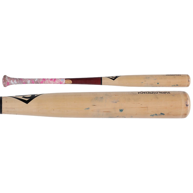 Batte cassée beige/rouge des Louisville Slugger de Luis García Jr., utilisée par les Nationals de Washington, lors du match contre les Pirates de Pittsburgh, le 16 avril 2025
